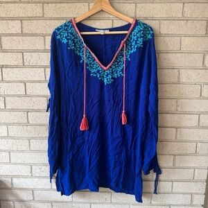 La Blanca Blue Coverup Tunic with Pink Teal Embroidery Size Small